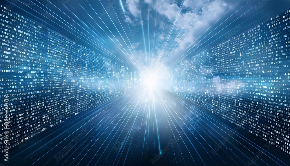 Fototapeta premium technology, the world of numerology and the universe and space; abstract background on blue sky with digital network binary code