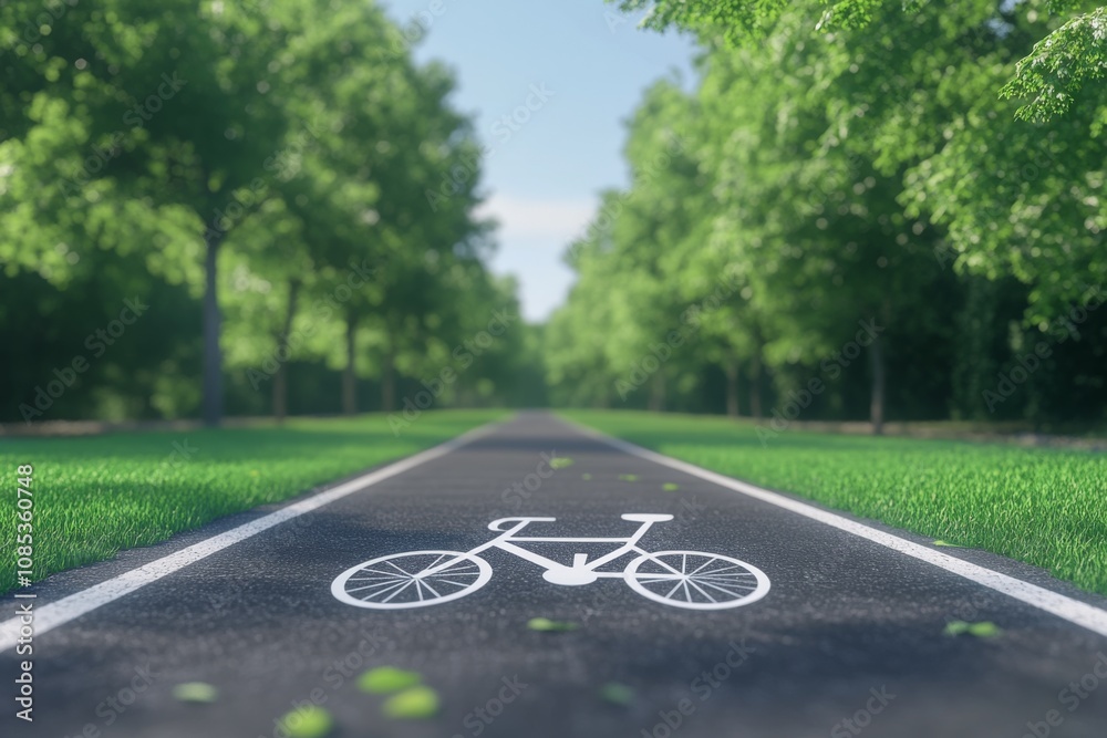 Obraz premium Asphalt bike path in the city park. Bike lane. No people. Bicycle way. Cycling and outdoor adventures concept. Urban lifestyle. Summer hobby. Banner, card, poster with text space