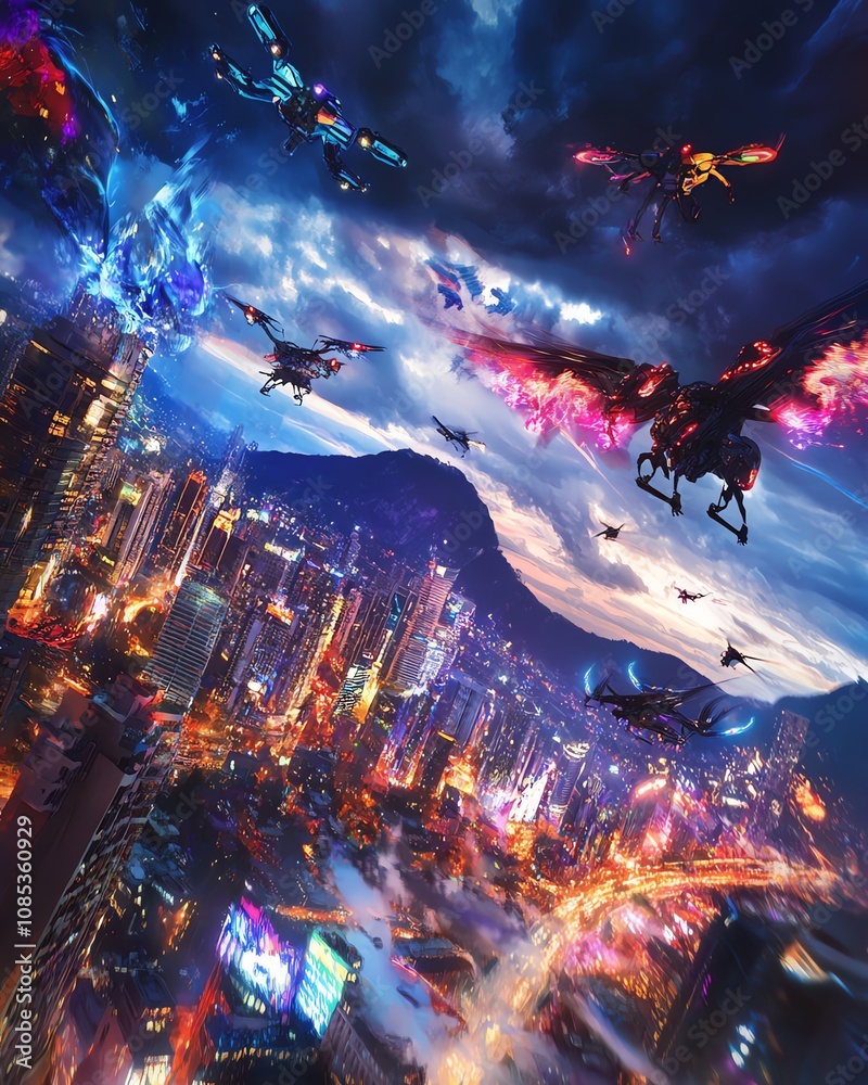 Obraz premium Tilted angle view of an urban landscape, mythical creatures soaring with drones, vibrant colors blend fantasy and reality