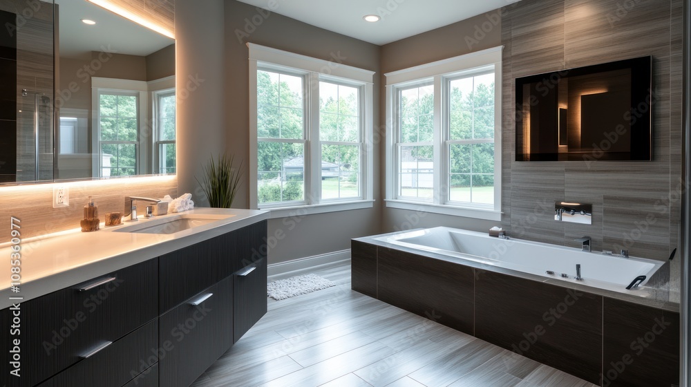 Modern Bathroom with a Large Tub and Windows Modern Bathroom with a Large Tub and Windows