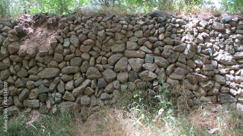 Stone wall in forested area, representing rustic structure and simplicity amidst natural greenery.