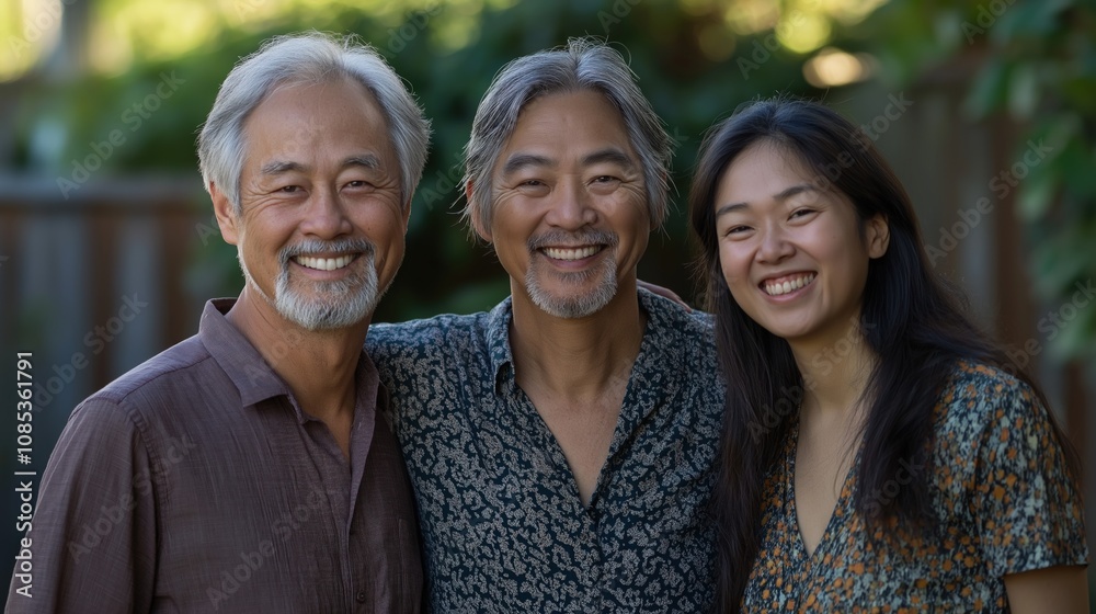 Three Asian friends smile joyfully together under warm natural lighting Three Asian friends smile joyfully together under warm natural lighting