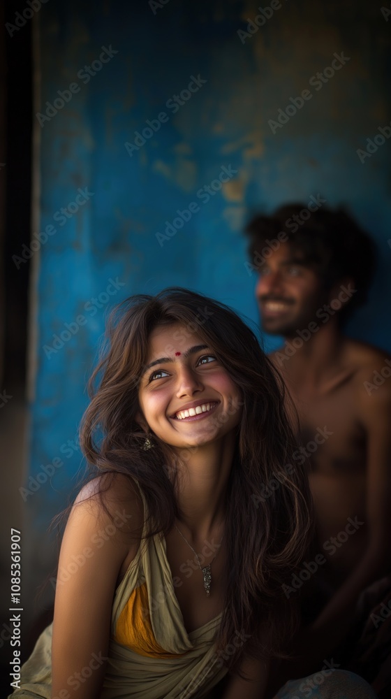 A happy Indian woman smiles warmly next to her partner in a natural, sunlit environment A happy Indian woman smiles warmly next to her partner in a natural, sunlit environment
