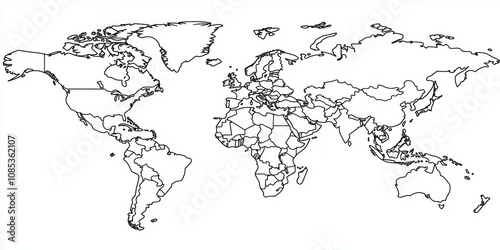 Detailed Outline Map of the World Showcasing Countries, Continents, and Geographical Features Suitable for Educational and Informational Purposes