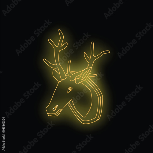 Neon yellow line art illustration of a deer head hunting trophy glowing on a black background