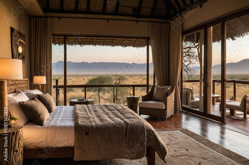 Elegant bedroom in a luxury safari lodge, featuring plush bedding, natural decor, and a private terrace