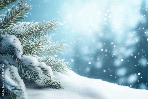 Winter background with snow-covered pine branches and a pile of snow