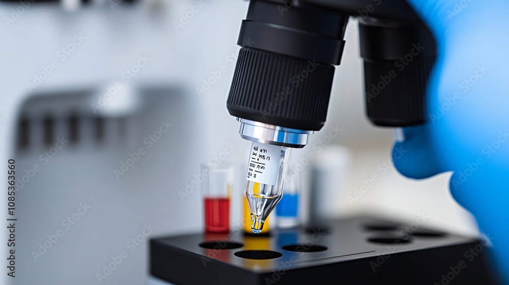 Close-up of Microscope Analyzing Samples in Laboratory: Scientific Research and Discovery Close-up of Microscope Analyzing Samples in Laboratory: Scientific Research and Discovery