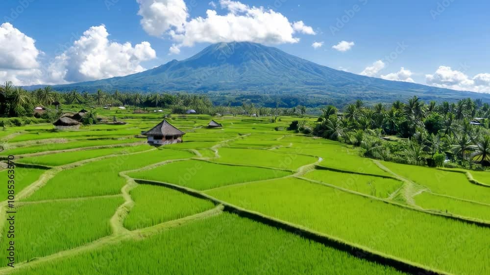 Aerial view of stunning view of lush green rice terraces with a majestic mountain backdrop Aerial view of stunning view of lush green rice terraces with a majestic mountain backdrop