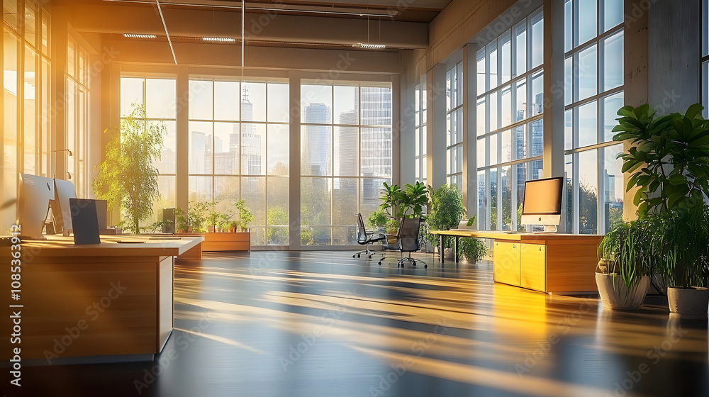 Fototapeta premium Modern Office Interior With Large Windows