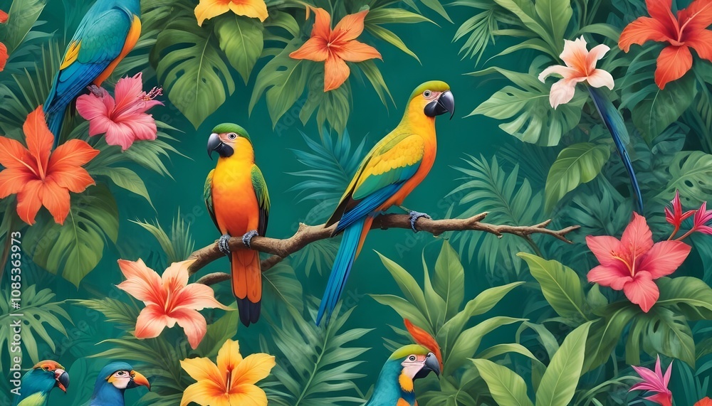 Tropical exotic pattern with animal and flowers in bright colors and lush vegetationn