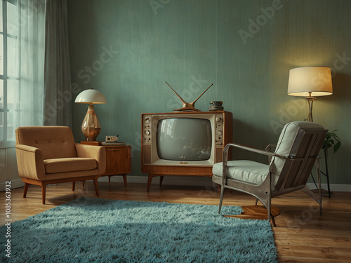 A vintage living room with a mid-century chair and classic TV set evokes retro vibes. photo