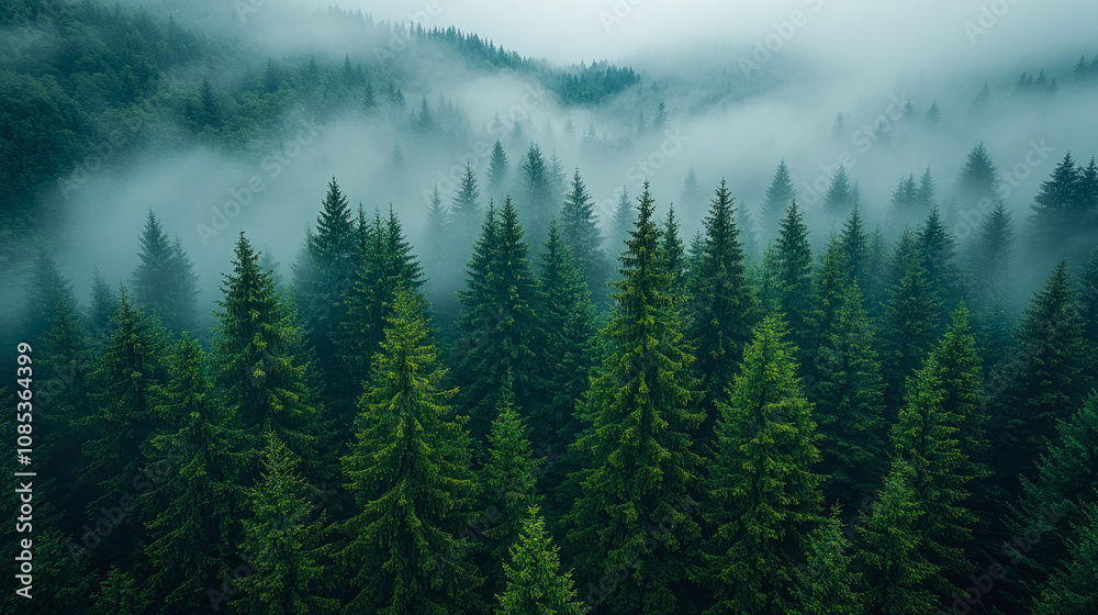 A dense forest of tall evergreen trees shrouded in mist creates a serene and peaceful landscape at dawn, inviting quiet reflection in nature's beauty A dense forest of tall evergreen trees shrouded in mist creates a serene and peaceful landscape at dawn, inviting quiet reflection in nature's beauty