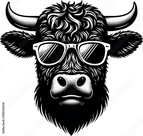 Cool Cattle Head with Sunglasses - Vector Black Silhouette Cricut Design for T-Shirt