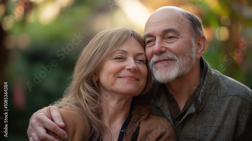 A 55 year old couple shares a joyful moment in a beautiful outdoor setting