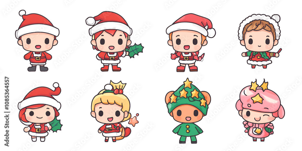 Adorable cartoon Christmas characters dressed in Santa hats and festive clothing, holding holiday decorations. Perfect for holiday-themed designs, Christmas cards, or festive invitations Adorable cartoon Christmas characters dressed in Santa hats and festive clothing, holding holiday decorations. Perfect for holiday-themed designs, Christmas cards, or festive invitations