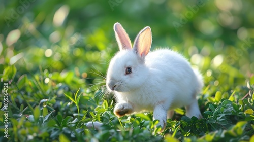 An adorable baby rabbit with fluffy white fur and bright brown eyes, hopping playfully on a lush green meadow