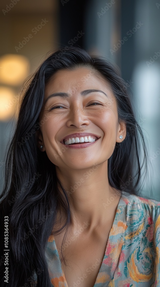 A happy Asian woman radiates joy in warm lighting, capturing the essence of everyday moments A happy Asian woman radiates joy in warm lighting, capturing the essence of everyday moments