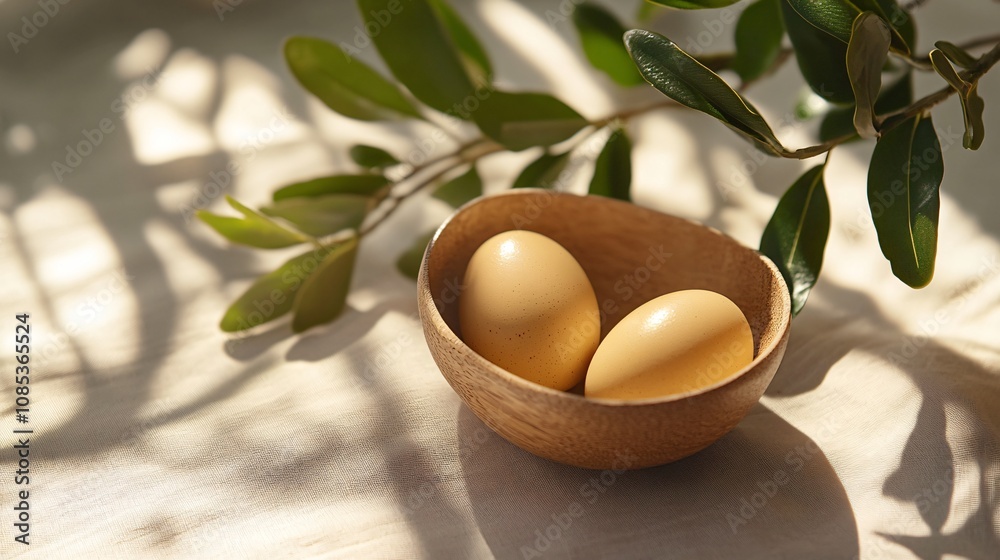 Two fresh eggs nestled in a wooden bowl, bathed in soft sunlight and accented by a leafy green branch. A rustic, natural still life evoking a sense of simple, healthy eating. Two fresh eggs nestled in a wooden bowl, bathed in soft sunlight and accented by a leafy green branch. A rustic, natural still life evoking a sense of simple, healthy eating.