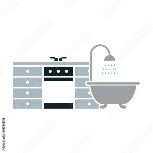 bathtub, kitchen shelves and stove icon logo design template