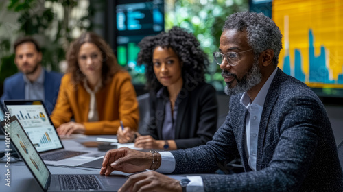 A group of business professionals collaborates in a modern conference room, analyzing data on laptops and engaging in discussion to drive decision-making