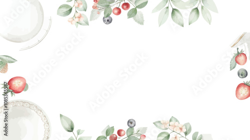 Watercolor vector frame with berries and leaves. Hand painted illustration.