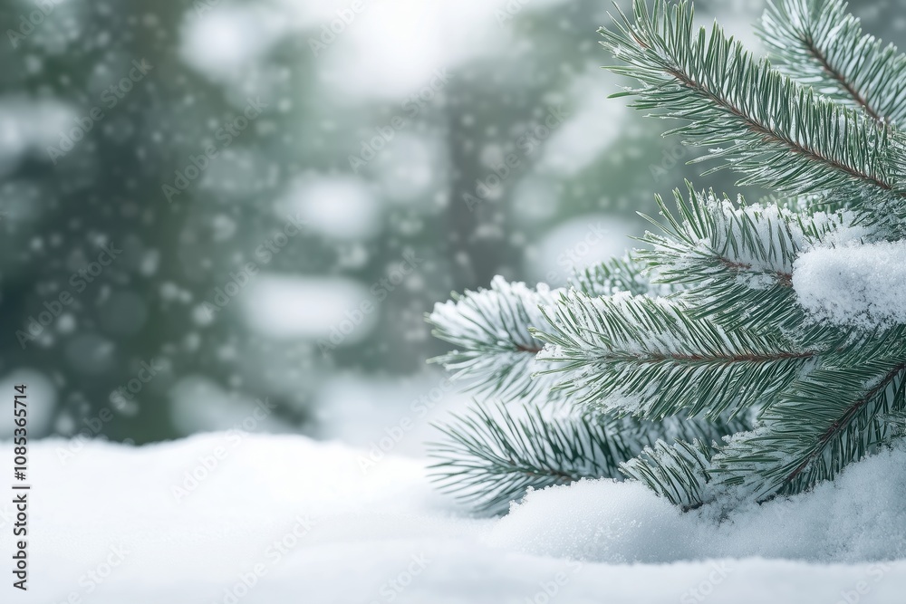 Winter background with snow-covered pine branches and a pile of snow Winter background with snow-covered pine branches and a pile of snow