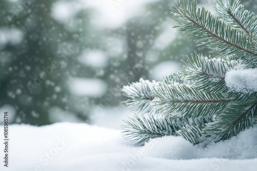 Winter background with snow-covered pine branches and a pile of snow