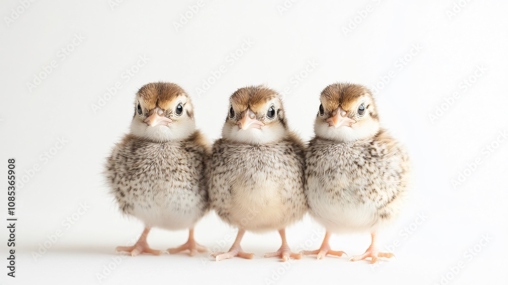 Fototapeta premium Three Adorable Newborn Chicks on a Pristine White Background: A Captivating Close-Up