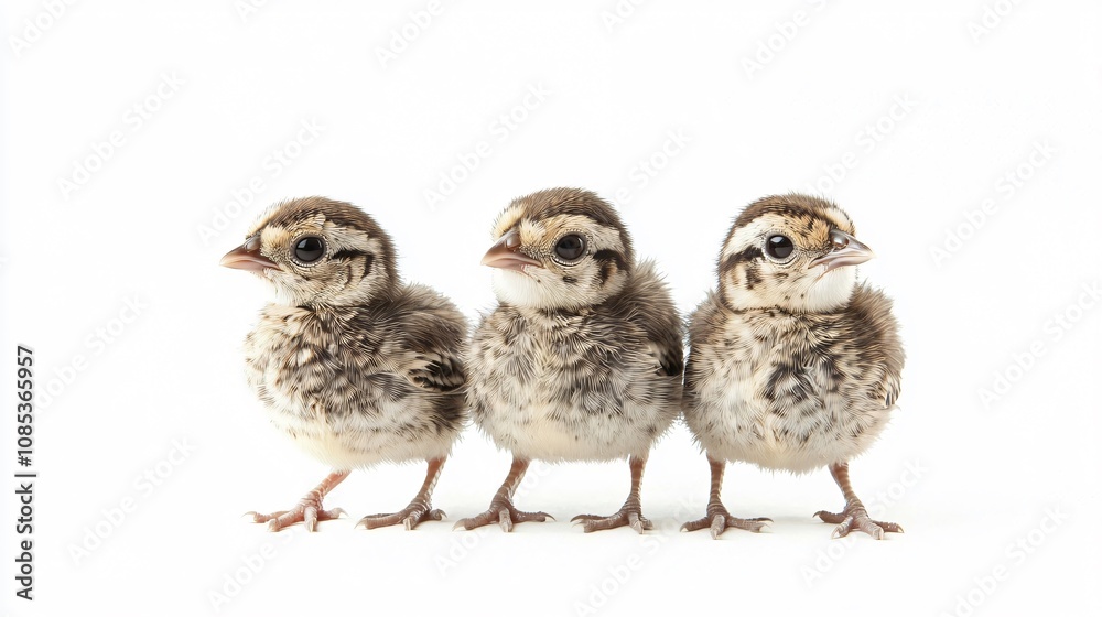 Naklejka premium Three Adorable Baby Birds Standing Together on a White Background