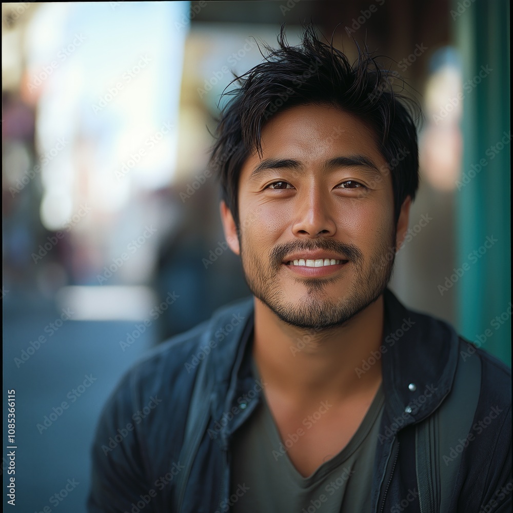 A smiling young Asian man conveys happiness and warmth in a lively street environment A smiling young Asian man conveys happiness and warmth in a lively street environment