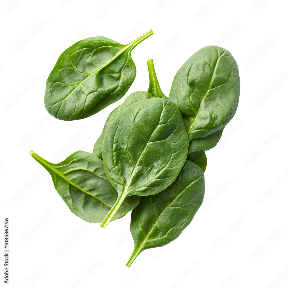 Fototapeta premium Fresh green spinach leaves isolated on transparent background - healthy vegan food.