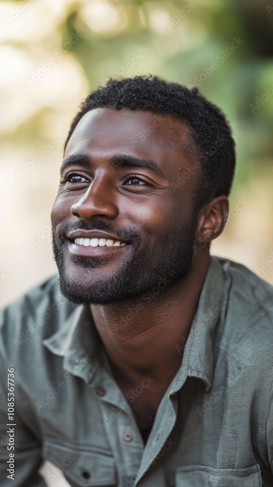 Fototapeta premium A happy Black male beams with joy in natural lighting, showcasing authentic daily life moments