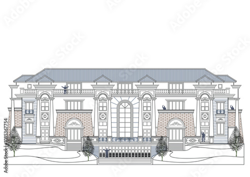 Facade of 4 storeys symmetrical modern classic building with 5 doors, 16 windows, long balustrade, frame, 10 columns, decoration, canopy, crowns, balcony, garage, stairs, trapezoidal wall elements and