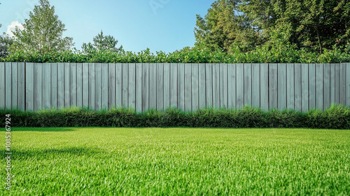 Green lawn in backyard and wooden fence