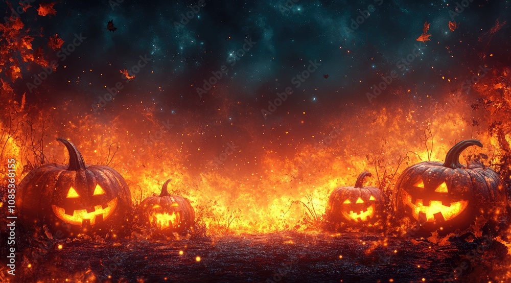Fiery Halloween pumpkins in a mystical autumn night scene. Fiery Halloween pumpkins in a mystical autumn night scene.