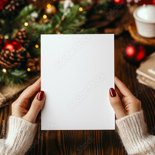 a realistic blank white invitation mock up, size of the invitation is 5 by 7 inches in portrait orientation, held a beautiful woman with beautiful nails during a christmas brunch at a table.