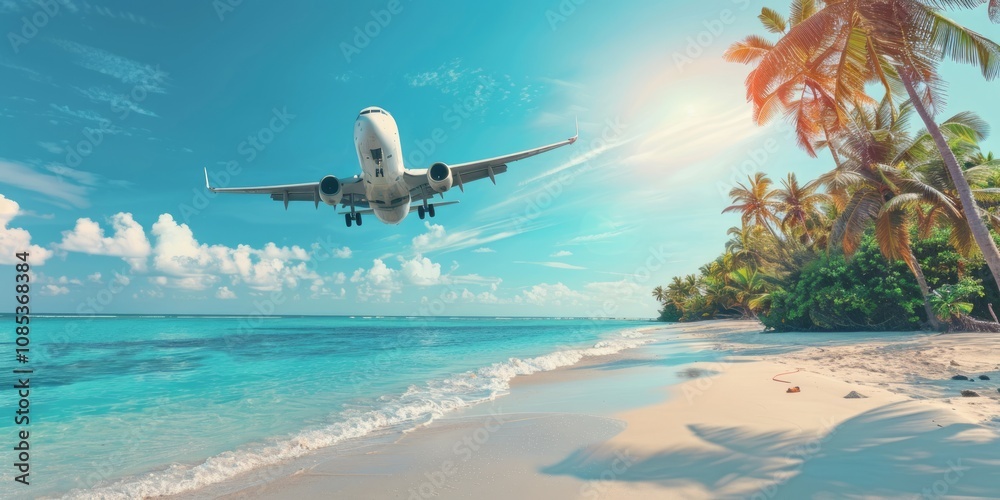Naklejka premium Tropical Paradise Landing: Airplane Descending Over a Pristine Beach