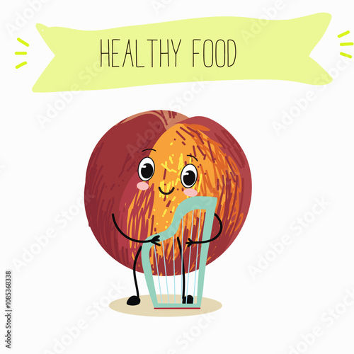 Nectarine fruit cute funny cheerful characters with different poses and activities. Natural vitamin antioxidant detox food collection. Vector hand drawn illistration.