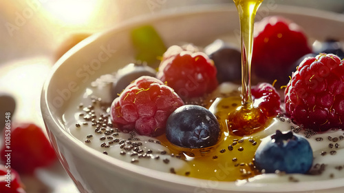 Healthy breakfast featuring a bowl of yogurt topped with fresh berries, chia seeds, and a drizzle of honey.