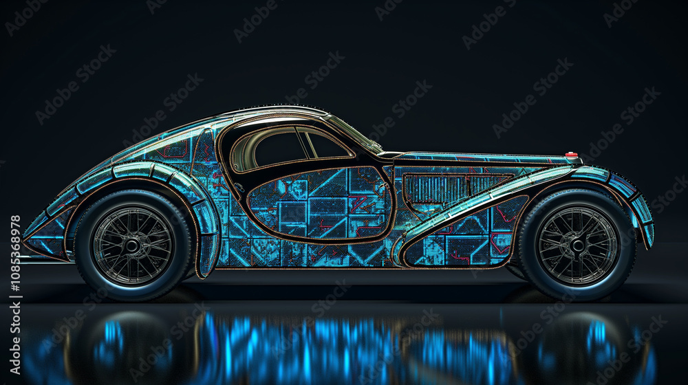Naklejka premium A futuristic interpretation of a classic car showcasing vibrant blue neon patterns in a dark setting