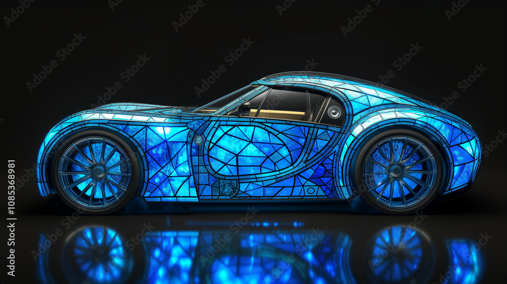 Fototapeta premium A stunning blue car design showcasing intricate stained glass patterns illuminated against a dark background in an artistic setting