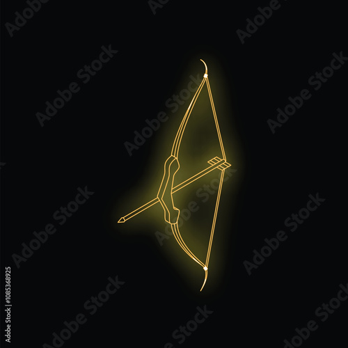 Golden neon sign of a bow and arrow is glowing on a black background