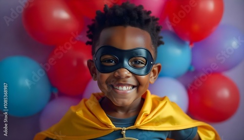 A young boy in a super hero fancy dress costume outfit with mask and cape photo