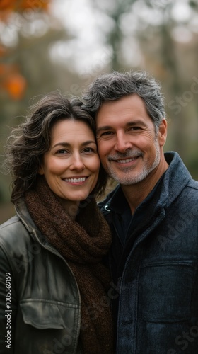 A happy couple shares a warm smile in a tranquil outdoor setting surrounded by nature