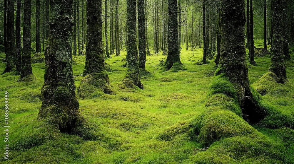 Lush green moss carpets the forest floor, enveloping the bases of tall, slender trees. A serene and tranquil scene in nature. Lush green moss carpets the forest floor, enveloping the bases of tall, slender trees. A serene and tranquil scene in nature.