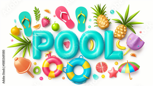 Colorful summer pool party decoration featuring inflatable letters, tropical fruits, and beach accessories on a vibrant background
