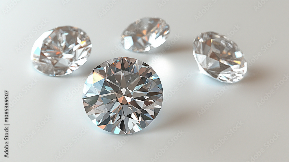 Sparkling gemstones are scattered on a white surface, reflecting light in an elegant arrangement that captivates the viewer's attention Sparkling gemstones are scattered on a white surface, reflecting light in an elegant arrangement that captivates the viewer's attention