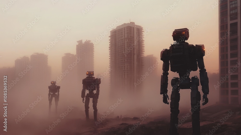 Fototapeta premium Robots in a Foggy Cityscape