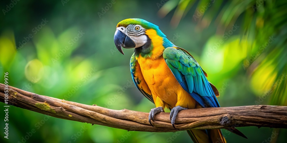 Obraz premium Stunning Product Photography of a Vibrant Yellow and Green Macaw Against a Natural Background, Highlighting Its Colorful Feathers and Unique Features with Eye-Catching Composition